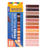 Zart Basics Skin Tone Slicks classroom pack showing 12 assorted colours in packaging, with all sticks displayed alongside in a gradient from dark brown through mid-tones to light peach and cream. Packaging reads “12 Assorted Colours”.