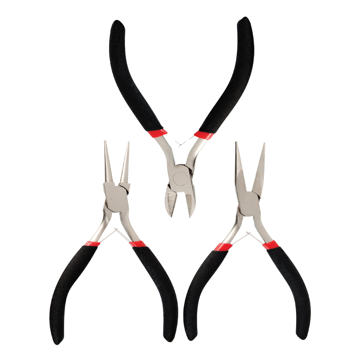 The Zart Jewellery Plier Set of three, shown open against a white background. Each has black foam-cushioned handles with red bands near the metal joint. The trio includes round nose pliers, diagonal side cutters and long flat nose pliers with tapered stainless steel jaws.