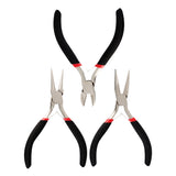 The Zart Jewellery Plier Set of three, shown open against a white background. Each has black foam-cushioned handles with red bands near the metal joint. The trio includes round nose pliers, diagonal side cutters and long flat nose pliers with tapered stainless steel jaws.