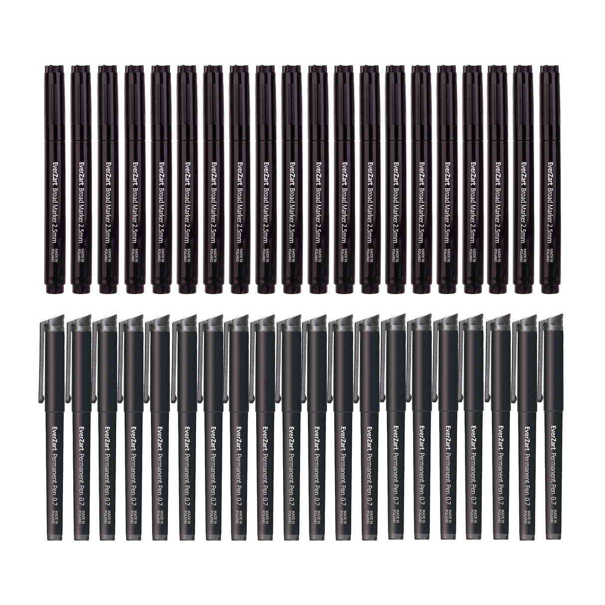 Set of black EverZart markers arranged in two rows. Top row shows EverZart Broad Marker 2.5mm pens; bottom row shows EverZart Permanent Pen 0.7. All pens are displayed vertically with branding visible on the barrels against a white background.