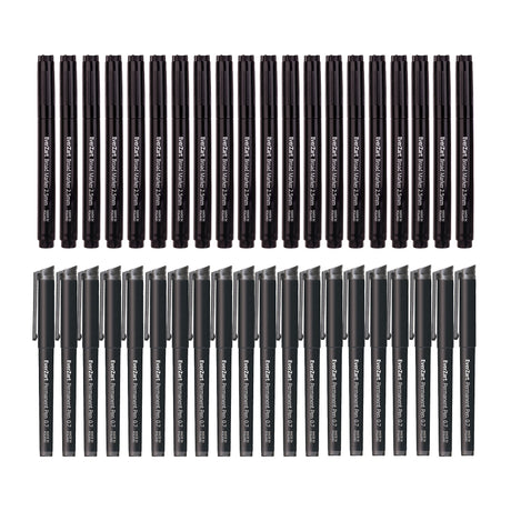 Set of black EverZart markers arranged in two rows. Top row shows EverZart Broad Marker 2.5mm pens; bottom row shows EverZart Permanent Pen 0.7. All pens are displayed vertically with branding visible on the barrels against a white background.