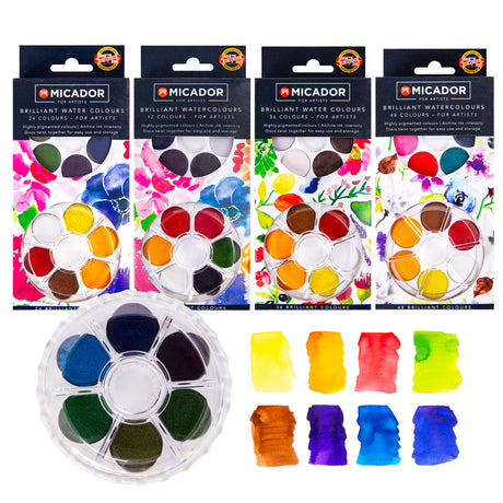 Four Micador Brilliant Watercolours sets displayed in packaging labelled 12, 24, 36, and 48 colours. Circular paint discs sit in clear plastic trays, with vibrant sample swatches below showing smooth gradients in yellow, red, green, blue, and purple tones