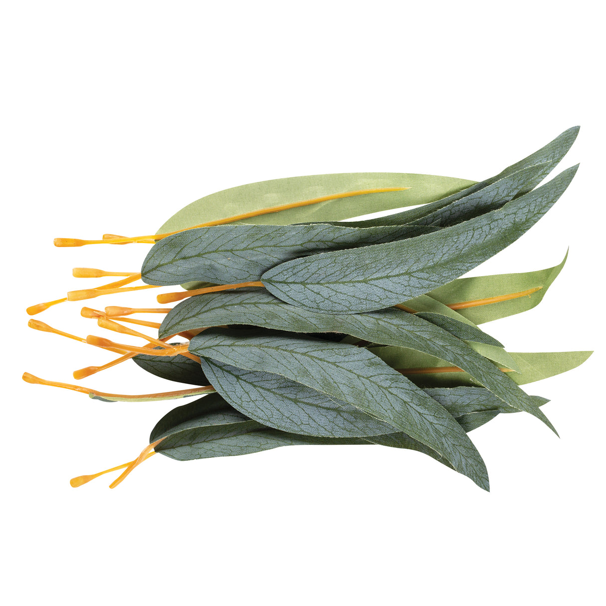 A loose stack of Zart Gum Leaves in varying shades of blue-green and olive, each fabric leaf printed with realistic vein detailing and tapering to a pointed tip, fitted with a flexible orange-yellow plastic stem for bending and positioning in floral or craft displays.