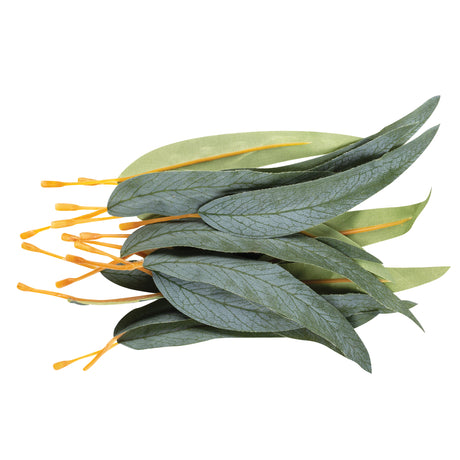 A loose stack of Zart Gum Leaves in varying shades of blue-green and olive, each fabric leaf printed with realistic vein detailing and tapering to a pointed tip, fitted with a flexible orange-yellow plastic stem for bending and positioning in floral or craft displays.