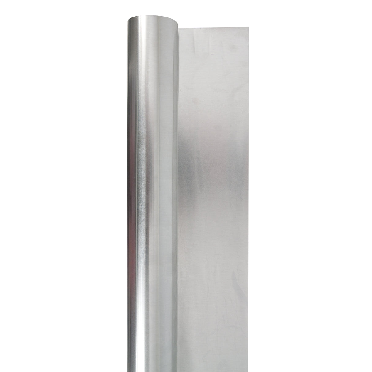 Aluminium Embossing Foil Roll displayed vertically, partially unrolled to reveal a smooth, reflective silver surface. The metallic sheet catches light with a soft sheen, showing subtle brushed texture. Clean white background highlights the flexible, thin foil material suitable for artmaking.