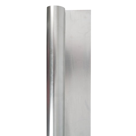 Aluminium Embossing Foil Roll displayed vertically, partially unrolled to reveal a smooth, reflective silver surface. The metallic sheet catches light with a soft sheen, showing subtle brushed texture. Clean white background highlights the flexible, thin foil material suitable for artmaking.