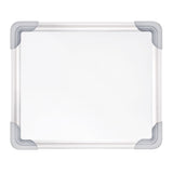 A small Zart magnetic whiteboard shown front-on, with a clean white writing surface. The frame is silver aluminium with rounded grey plastic corner protectors on all four corners. The blank board sits against a white background, highlighting its simple, sturdy design and smooth wipe-clean face.