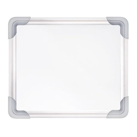 A small Zart magnetic whiteboard shown front-on, with a clean white writing surface. The frame is silver aluminium with rounded grey plastic corner protectors on all four corners. The blank board sits against a white background, highlighting its simple, sturdy design and smooth wipe-clean face.
