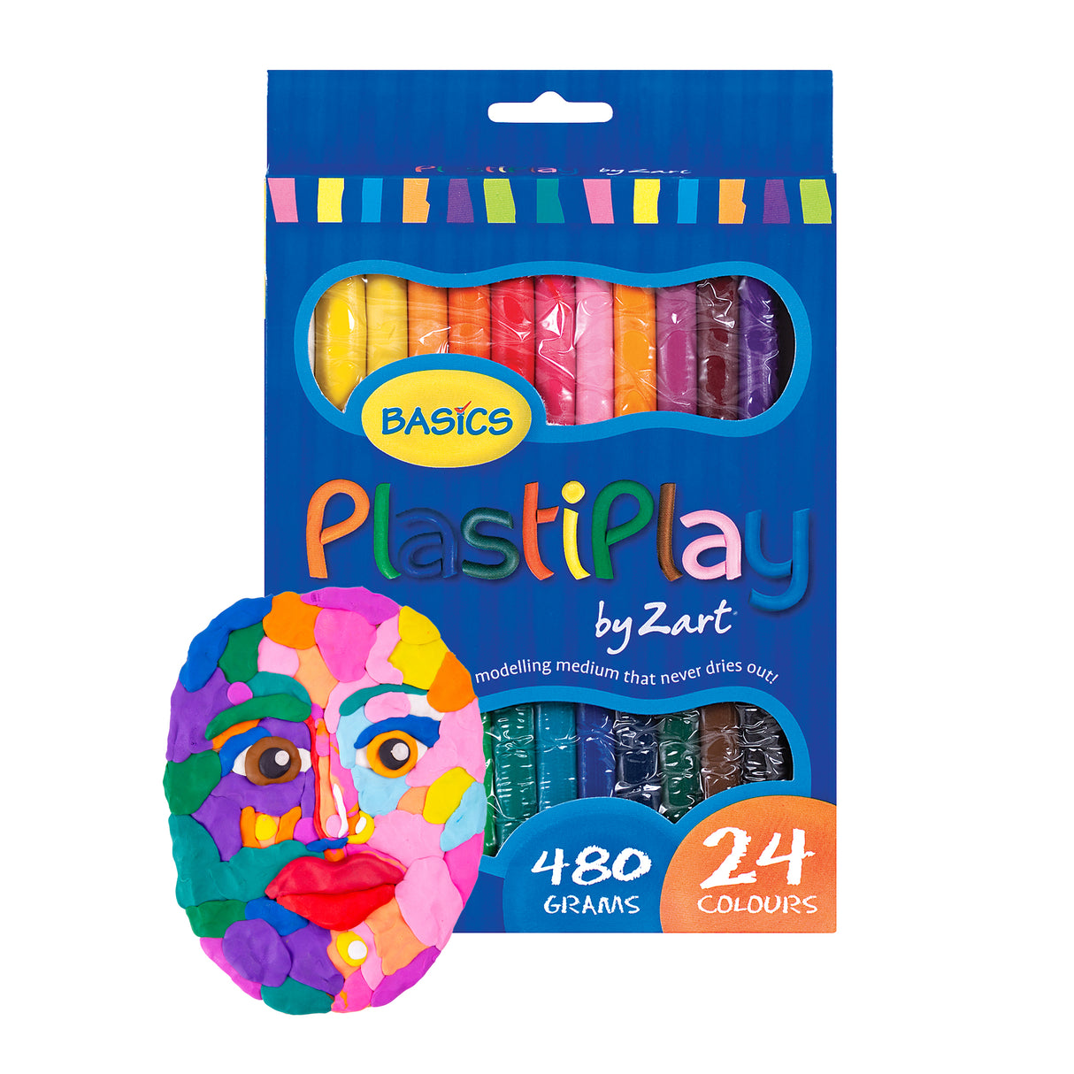 Packaging of Basics Plasticine by Zart showing 24 assorted colours in a blue box, with visible sticks arranged in a rainbow sequence. In front, a circular Plasticine face artwork features layered pieces in bright colours including pink, purple, green, blue, yellow and orange, with smooth blended areas and visible hand-worked texture.