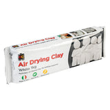 An EC Air Drying Clay pack, a rectangular plastic-wrapped brick of white clay labelled White 1kg. The white and grey wrapper carries the product name in red, small badge icons, and photographs of pale clay figures modelled from the clay, including a group of standing figures.