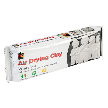 An EC Air Drying Clay pack, a rectangular plastic-wrapped brick of white clay labelled White 1kg. The white and grey wrapper carries the product name in red, small badge icons, and photographs of pale clay figures modelled from the clay, including a group of standing figures.