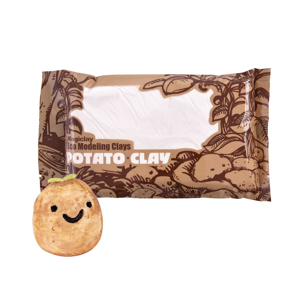 Magiclay Potato Clay packaging in a brown and white pouch illustrated with potato plants and vines, labelled 'Eco Modeling Clays'. A smiling sculpted potato character with sprouting green leaves sits beside the pack, demonstrating the clay's natural texture and paintable finish.