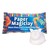 Zart Paper Magiclay White packaging shown with a finished white clay animal sculpture. Packaging text reads “More than just a modelling clay” and indicates a 200 g pack.