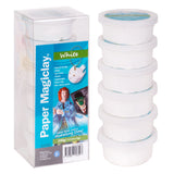 Zart Paper Magiclay White shown in clear boxed packaging alongside stacked white tubs and a finished white animal sculpture. Packaging highlights More than just a modelling clay and indicates 6 × 40 g tubs (240 g total).