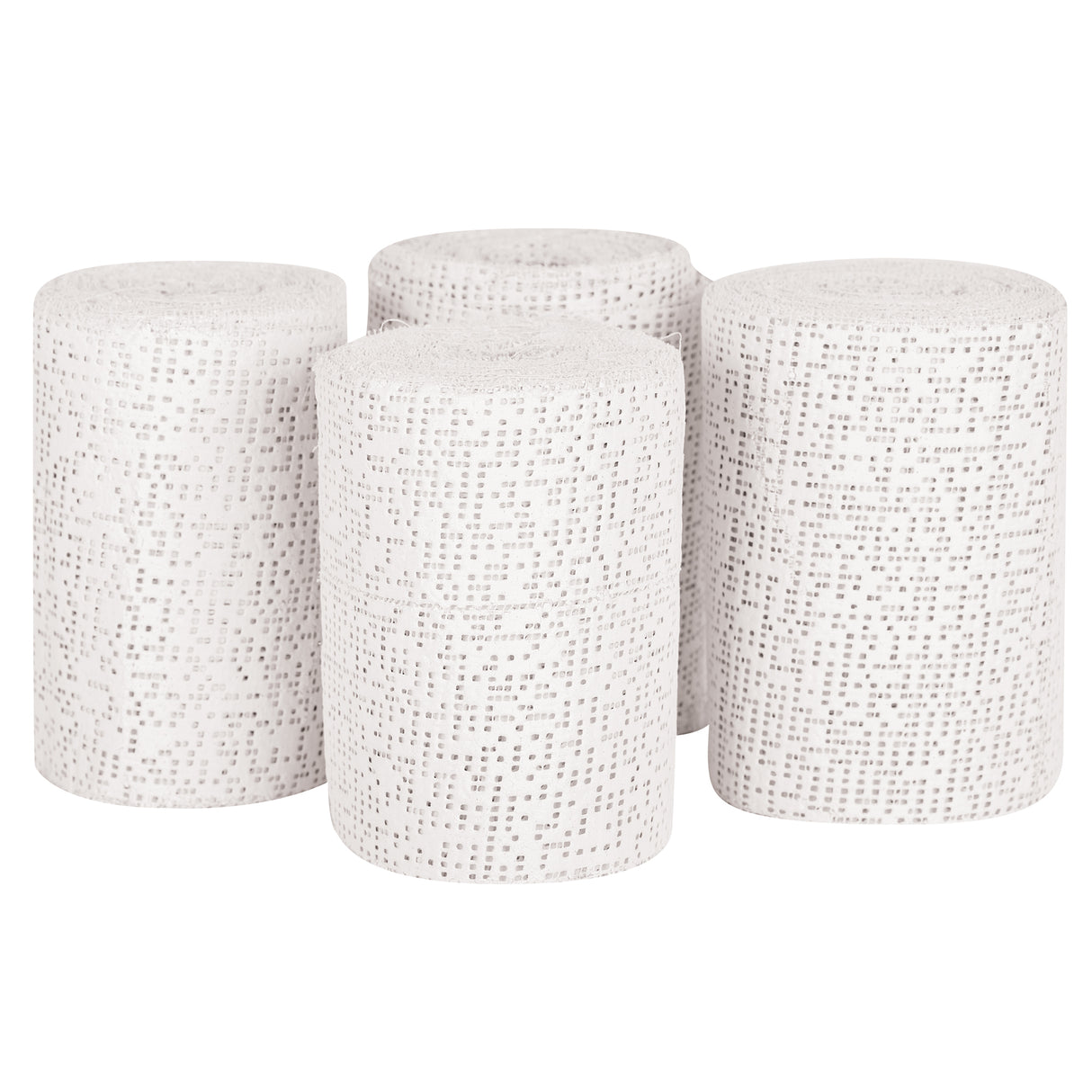 Four rolls of white plaster-impregnated cloth arranged upright against a plain background. The textured, perforated surface of the plaster cloth is clearly visible. No text annotations shown.