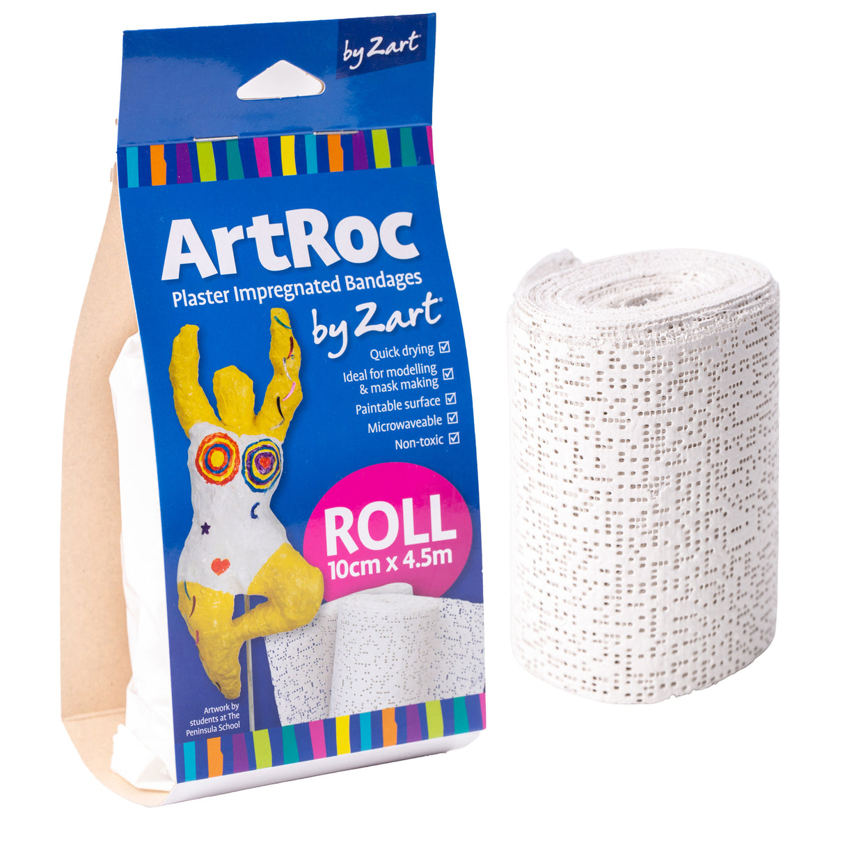 ArtRoc plaster-impregnated bandages by Zart shown in packaging beside a white roll. Packaging highlights quick drying, paintable surface, non-toxic and ideal for modelling and mask making. Roll size 10 cm × 4.5 m.