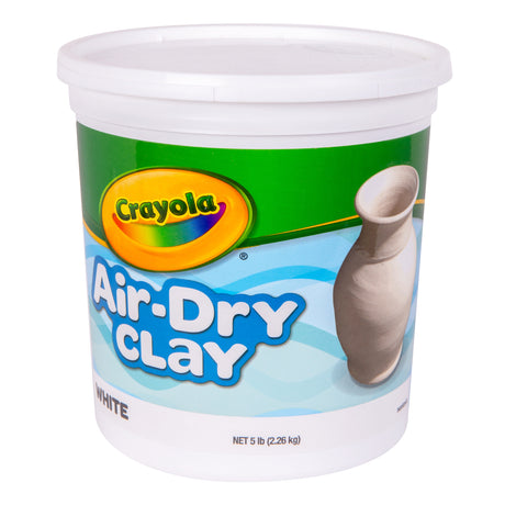 White plastic tub of Crayola Air-Dry Clay with lid, featuring green and blue label with Crayola logo and text “Air-Dry Clay”.