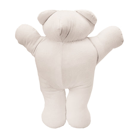 An undecorated cream calico teddy bear photographed from the back, standing upright with arms outstretched. The bear features visible stitched seams along the body, head, limbs, and ears. Plain, unpainted fabric surface is ideal for decorating with fabric paint, markers, or mixed media.