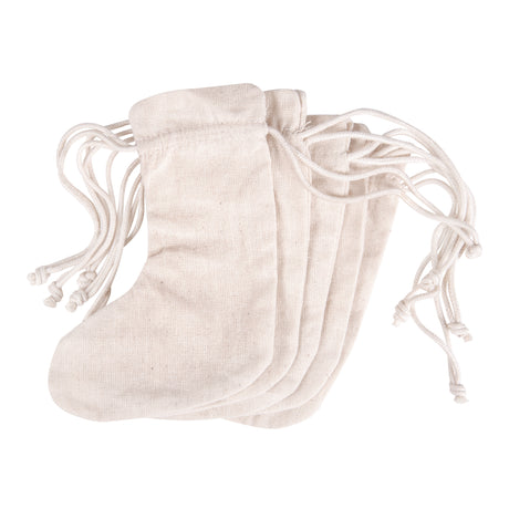 Four plain calico stockings stacked slightly fanned out on a white background. Each stocking features a natural cotton finish and a functional drawstring at the top, ready for decorating with paint, markers, stitching or embellishments.