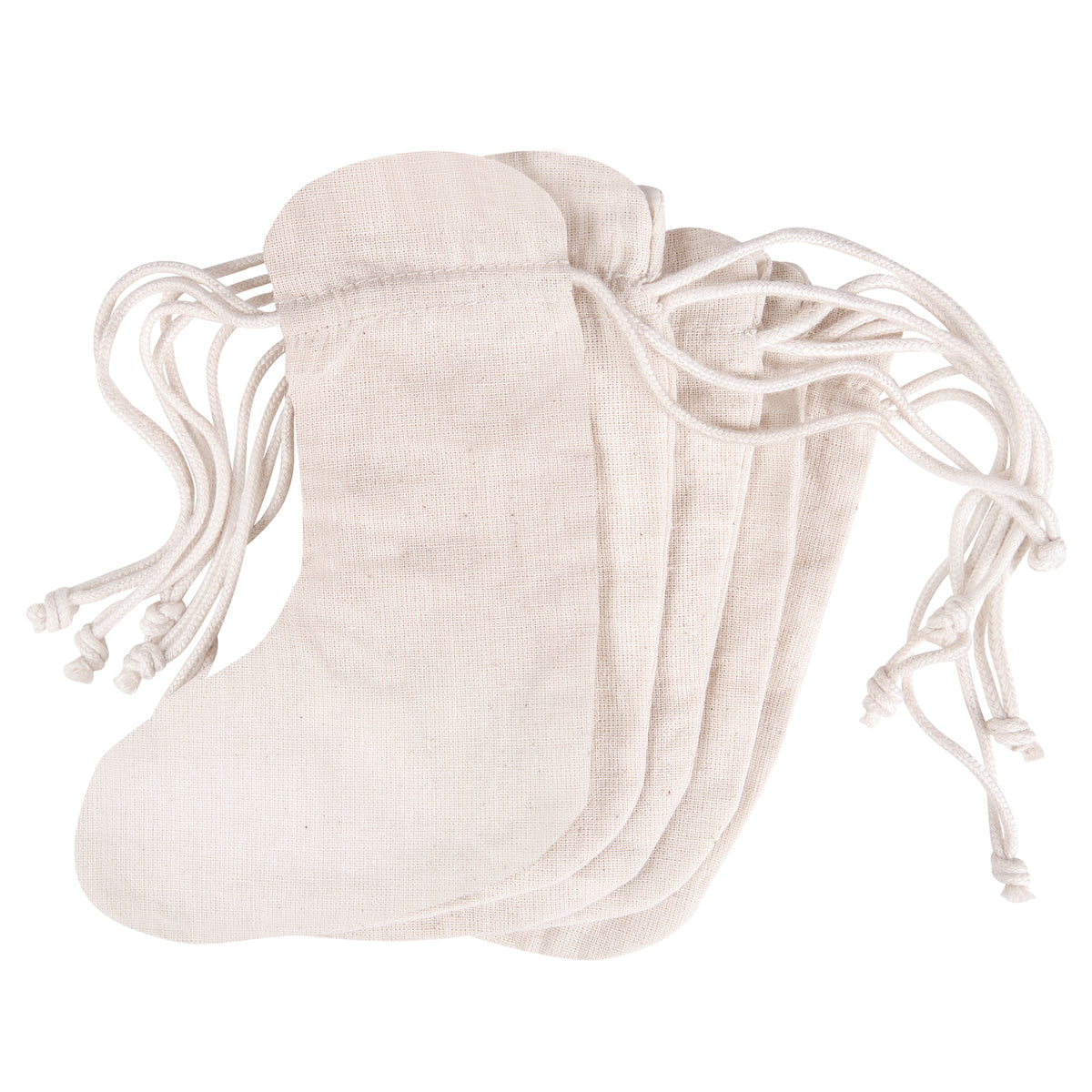 Five Zart Calico Stockings shown fanned out together in natural undyed cotton, each with a rounded heel and toe shape and a drawstring closure at the top. The plain woven fabric and long white cotton drawstring cords are visible across the stack.