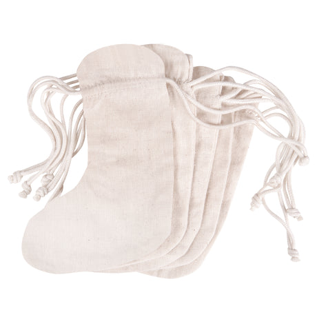 Five Zart Calico Stockings shown fanned out together in natural undyed cotton, each with a rounded heel and toe shape and a drawstring closure at the top. The plain woven fabric and long white cotton drawstring cords are visible across the stack.