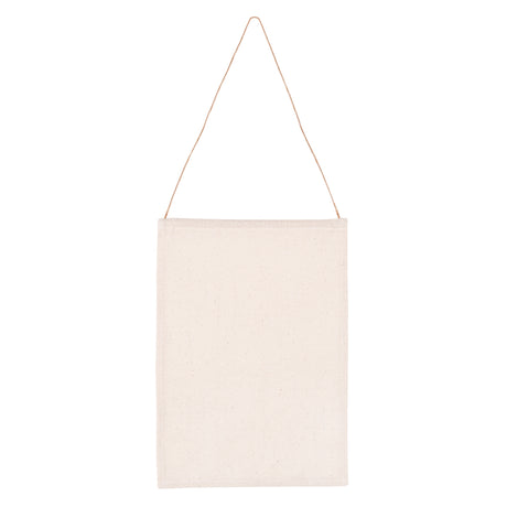 A plain A4 calico banner in natural off-white fabric, hanging from a length of twine looped over a concealed dowel rod at the top. The surface is blank and undecorated, showing the woven texture of the calico. Photographed against a white background.