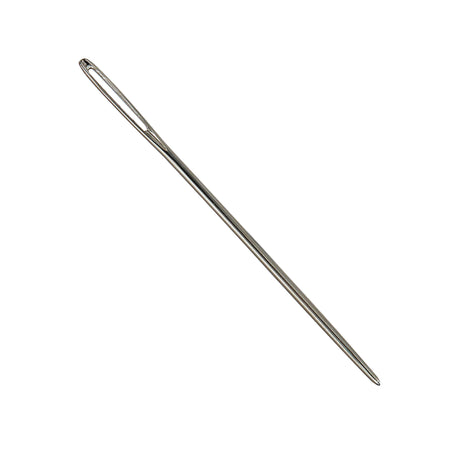 A single silver Zart tapestry needle shown diagonally against a white background. It has a long, narrow elongated eye at the upper end, a smooth straight shaft that tapers gradually toward the lower end, finishing in a rounded, slightly tapered semi-blunt point.