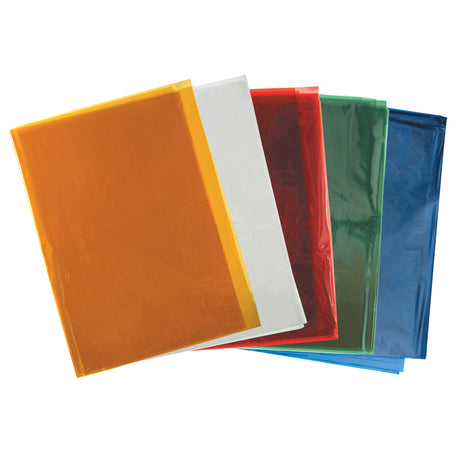 Stack of translucent coloured cellophane sheets fanned out on a white background, showing orange, clear, red, green and blue sheets layered together. The glossy surface reflects light, highlighting their transparent quality for colour mixing and creative projects.