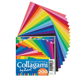 Collagami by Zart Coloured Craft Paper packaging. A wide, fanned arrangement of square paper sheets spreads out behind the product label in a full rainbow of colours, from pinks and reds through oranges, yellows, greens and blues to purple and black, set on white.