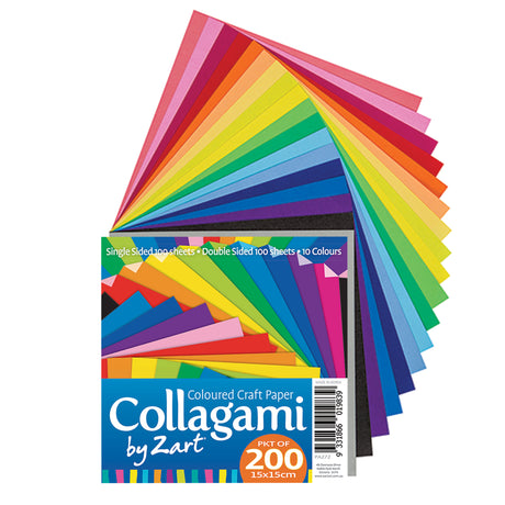 Collagami by Zart Coloured Craft Paper packaging. A wide, fanned arrangement of square paper sheets spreads out behind the product label in a full rainbow of colours, from pinks and reds through oranges, yellows, greens and blues to purple and black, set on white.