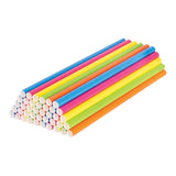 ECO Paper Straws in vibrant colours including blue, pink, yellow, green and orange, arranged in a stacked bundle. The cylindrical straws measure 8mm x 19.7cm and feature white circular ends visible at the front. Five repeating colour sequences create a rainbow effect across the pack of 500 biodegradable straws.