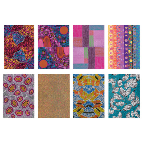 Eight Zart Pattern Paper designs shown in a grid, featuring contemporary Australian First Nations patterns. Styles include radiating dot-work leaf forms, concentric dotted circles, fine wavy line blocks, patterned stripe bands, orange-centred seed pods, dense golden linework, a symmetrical kaleidoscopic motif, and white leaf shapes on teal.