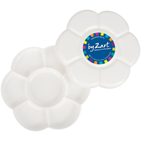 Zart Daisy palette in white plastic, two flower-shaped trays overlapping with eight petal-shaped wells around a central well. The upper tray bears a circular By Zart "Quality Art & Craft Supplies" label in blue with colourful checked border detailing.