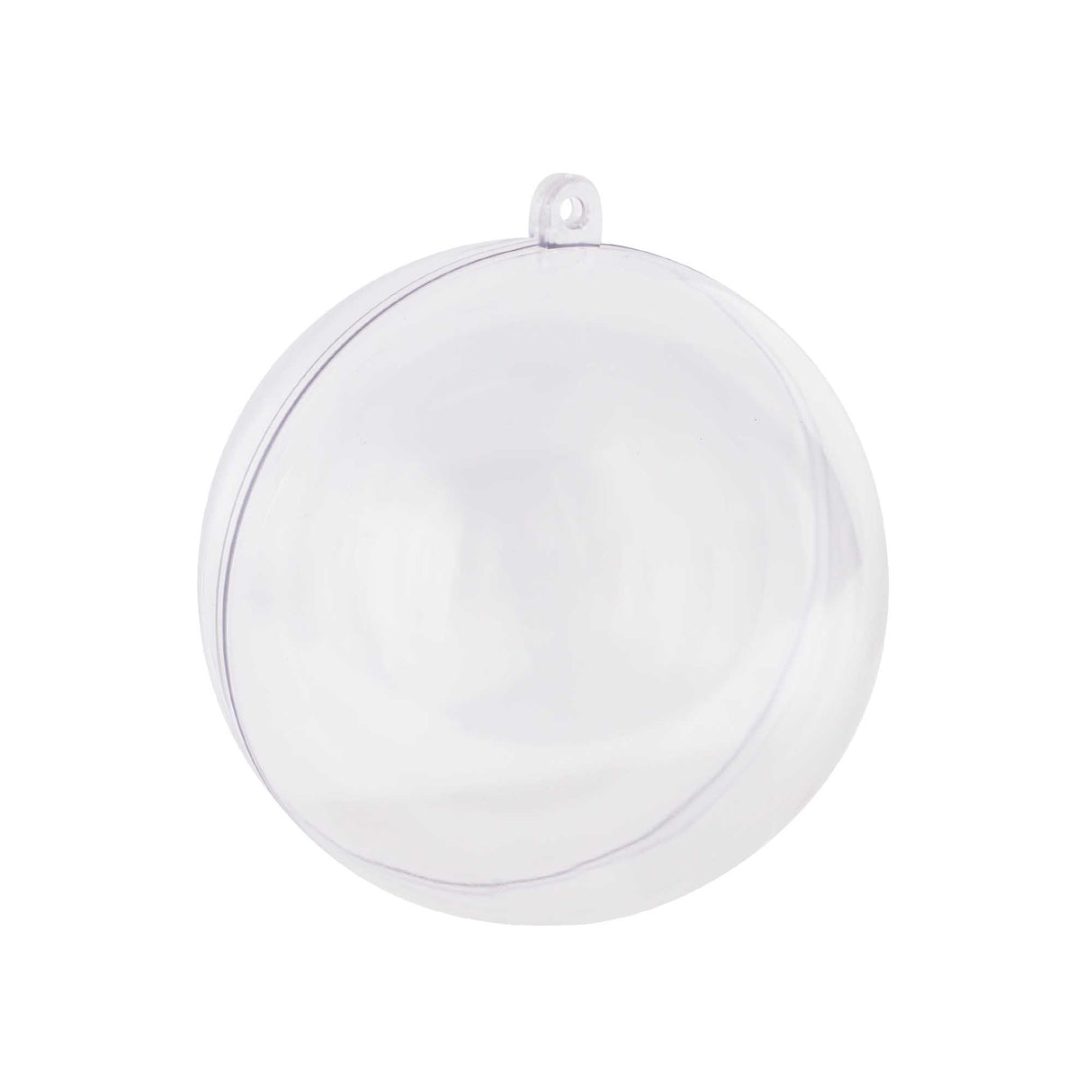 A single Zart Plastic Bauble shown closed, its clear plastic surface smooth and transparent with a faint centre seam line, topped with a small hanging loop. Photographed against a plain white background, the empty hollow sphere is ready to be filled and decorated.