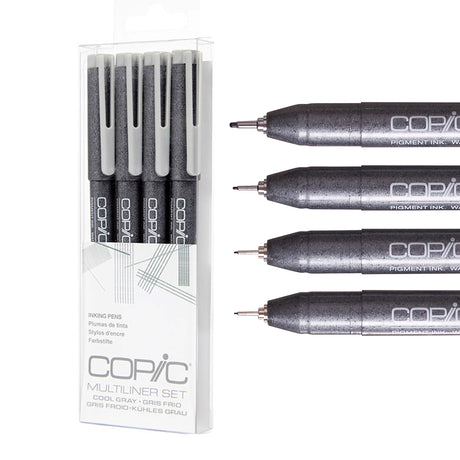 Copic Multiliner Set in Cool Gray, shown alongside four individual pens fanned horizontally. The clear plastic packaging displays the Copic logo and "Multiliner Set Cool Gray" labelling. Each pen features a dark grey speckled barrel with a fine metal nib and light grey cap.