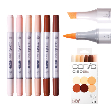 Copic Ciao Marker Set Skin Pack of 6 displayed upright alongside close-up shots of the chisel and brush nibs in use, and the white retail packaging. The six markers in E000, E93, E00, E11, E15, and E18 feature colour-coded caps and barrel ends ranging from pale pink through warm peach to deep reddish-brown.
