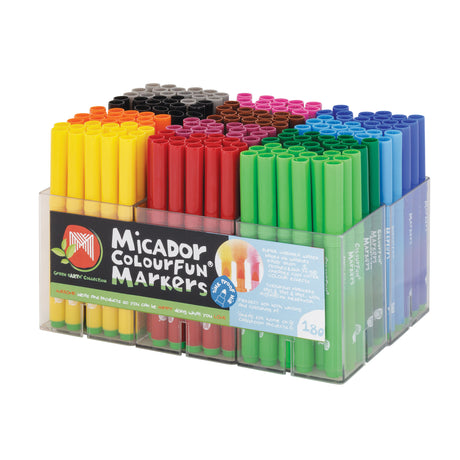 Micador Colourfun Markers Pack of 180 is displayed in a clear segmented storage case against a pale grey background. The markers are arranged by colour including yellow, orange, red, pink, green, blue, brown, grey and black. Visible packaging text includes “Micador Colourfun Markers” and “180”.