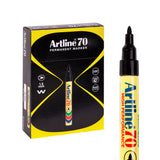 Artline 70 permanent marker in black, fibre tip with 1.5mm bullet nib. Yellow barrel with bold Artline 70 branding in blue and red, plus green, red and navy wave graphics. Shown alongside retail packaging in matching black and yellow with product icons.