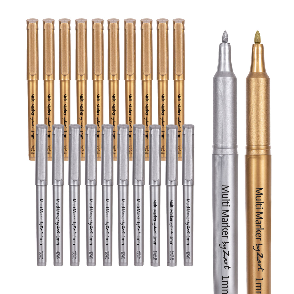 Twenty Multi Marker by Zart pens in metallic gold and silver finishes, arranged with ten capped pens standing upright in the back row and ten uncapped pens in the front, displaying their 1mm fine bullet tips. Two individual markers shown on the right for detail.