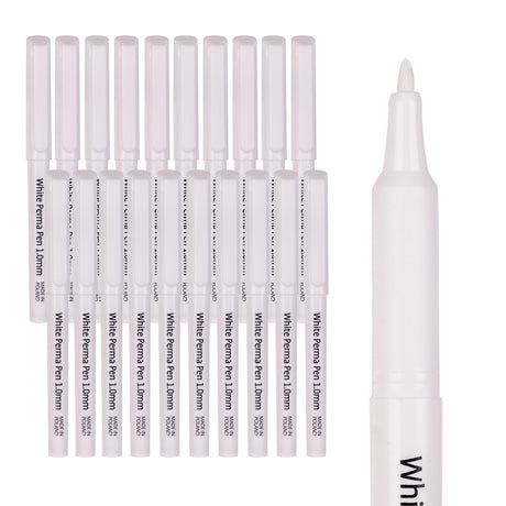 Set of White Perma Pen 1.0mm markers arranged in rows on a white background. Pens have white barrels and caps, with printed text reading “White Perma Pen 1.0mm”.