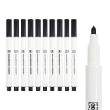 EC educational colours whiteboard markers shown as a row of ten, each with a white barrel, black cap and black end plug, printed with the brand name vertically. A larger close-up at right shows one uncapped marker revealing its rounded black bullet nib.