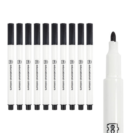 EC educational colours whiteboard markers shown as a row of ten, each with a white barrel, black cap and black end plug, printed with the brand name vertically. A larger close-up at right shows one uncapped marker revealing its rounded black bullet nib.