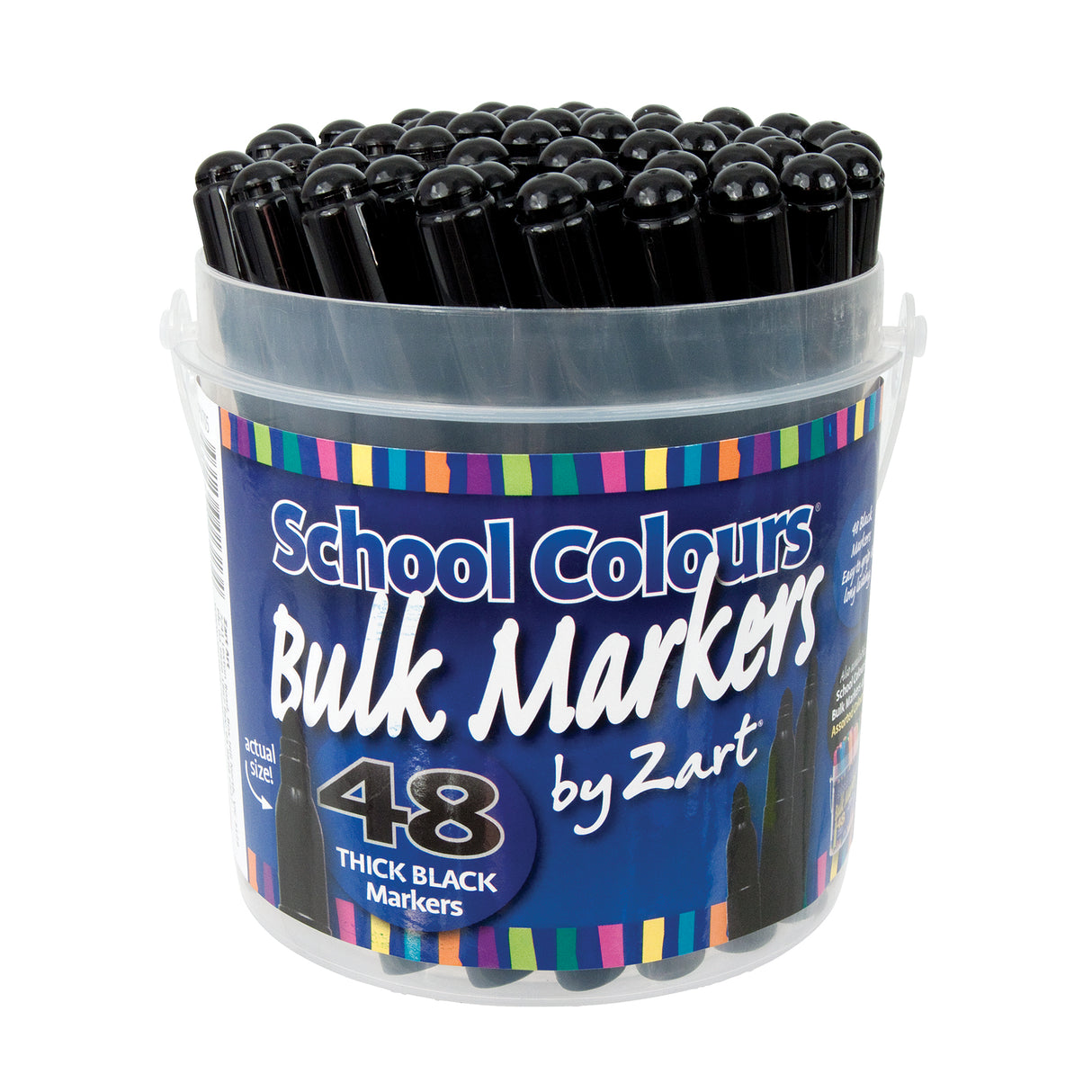 Clear plastic tub containing 48 thick black markers with rounded caps, featuring School Colours Bulk Markers by Zart branding on a navy blue label with colourful striped border. Label displays "48 THICK BLACK Markers" and "actual size" indicator showing marker dimensions.