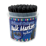Clear plastic tub containing 48 thick black markers with rounded caps, featuring School Colours Bulk Markers by Zart branding on a navy blue label with colourful striped border. Label displays "48 THICK BLACK Markers" and "actual size" indicator showing marker dimensions.
