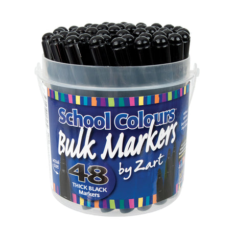 Clear plastic tub holding 48 black thick-barrel markers labelled “School Colours Bulk Markers by Zart”, with close-up examples showing bold black strokes and a single marker highlighting a medium-point tip and water-based ink.