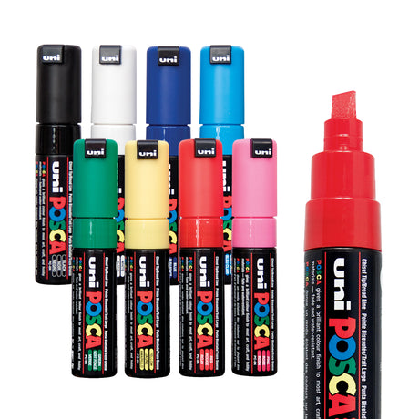 POSCA Chisel Tip Markers set of eight shown standing with caps on, in black, white, navy, sky blue, green, cream, red and pink. A larger uncapped red marker sits to the right, showing its chisel-shaped nib and black barrel with coloured text.