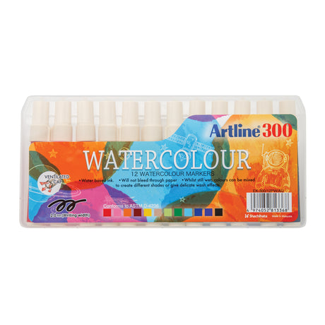 Artline 300 Watercolour Markers in a clear plastic tray, showing 12 markers with white ventilated caps. The product packaging features a colourful watercolour wash design with a colour swatch strip indicating the full range of hues included.