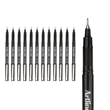 A pack of 12 Artline 200 black fineliner pens arranged in a row on a white background, with one pen enlarged to show the fine 0.4mm fibre tip and black barrel labelled “Artline 200 Fine 0.4”.