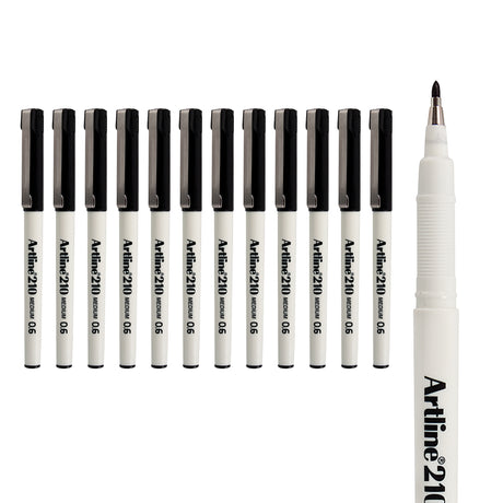 A pack of 12 Artline 210 black fineliner pens arranged in a row on a white background, with one pen enlarged to show the fibre tip. The barrel is labelled “Artline 210 Medium 0.6”.