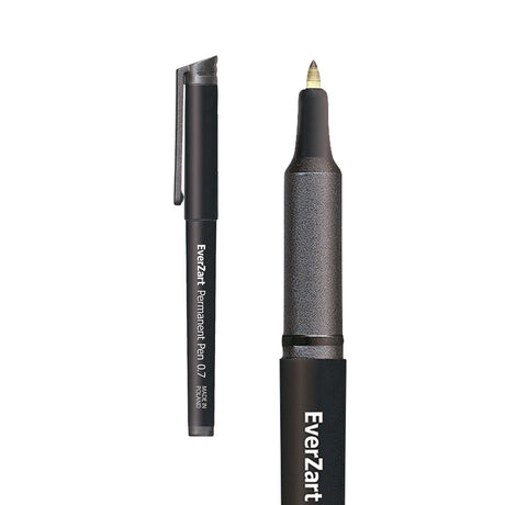 A black EverZart Permanent Pen 0.7 shown capped and uncapped on a white background. The pen has a matte black barrel with a pocket clip, textured grip section, and visible fine nib.